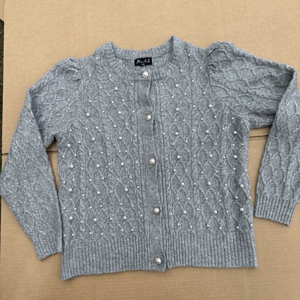 Marled Women’s M Gray Cable-Knit Cardigan Faux Pearl Button Front